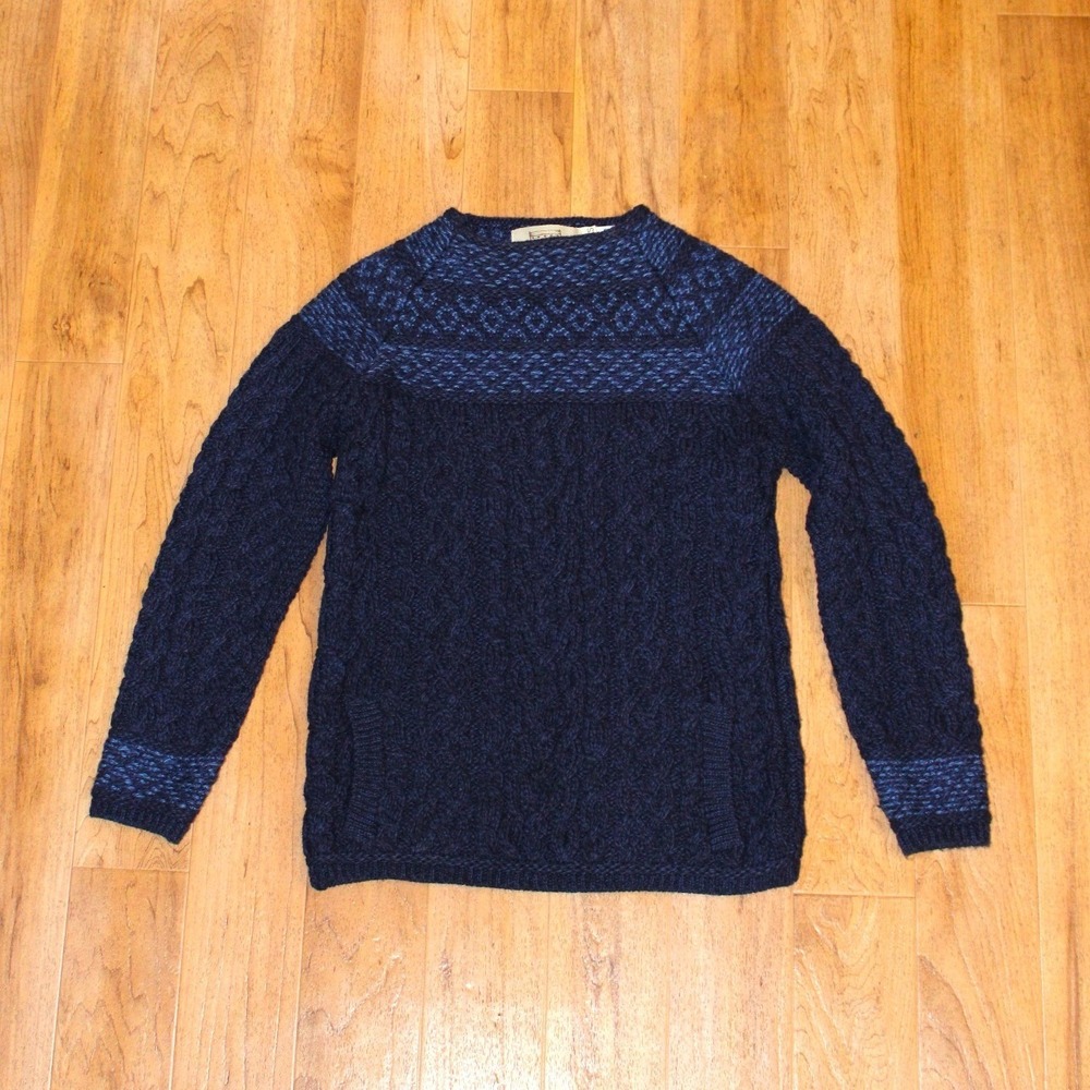 Aran Sweater Market Sweater Unisex XS Blue Merino Wool Cable Knit